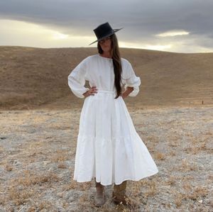 Hollow Bone Folk Dress White Linen OS